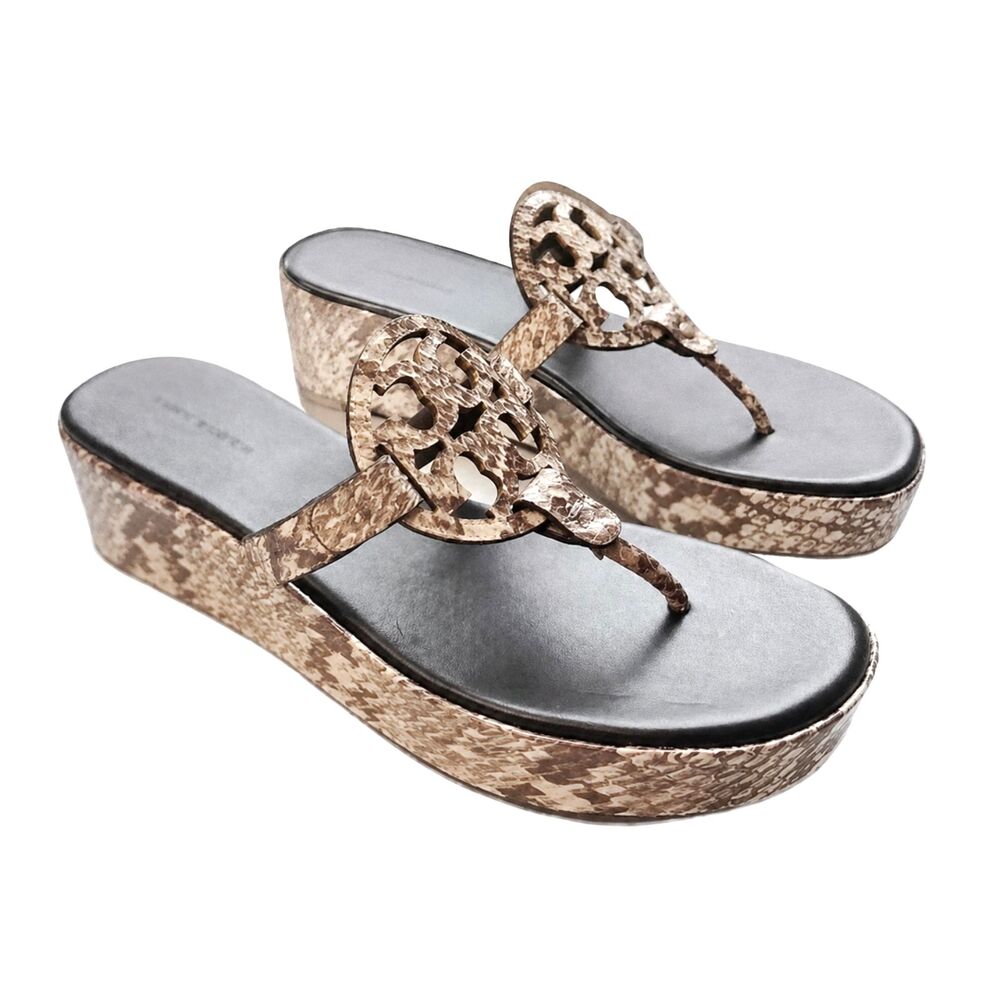 Tory Burch Miller Snake Embossed Logo Wedge Thong Sandal Size 8M